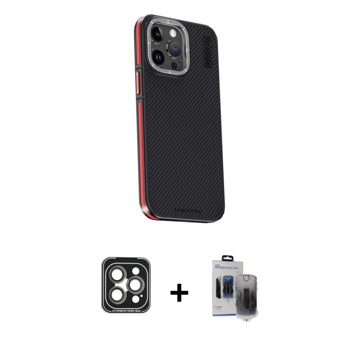 MARSİLYAN™- iPhone 15 Pro Max Kılıf Kıvılcım Modern Özel Seri - Siyah Vanessa Magic Hayalet Cam + PVD Metal Kamera Lens - GI