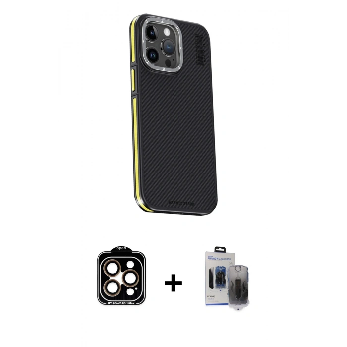 MARSİLYAN™- iPhone 15 Pro Max Kılıf Kıvılcım Modern Özel Seri - Siyah Vanessa Magic Hayalet Cam + PVD Metal Kamera Lens - TU