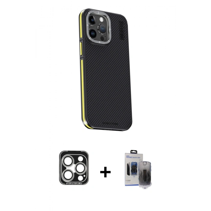 MARSİLYAN™- iPhone 15 Pro Max Kılıf Kıvılcım Modern Özel Seri - Siyah Vanessa Magic Hayalet Cam + PVD Metal Kamera Lens - GS