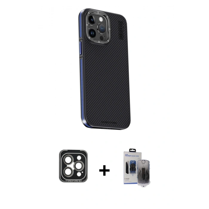 MARSİLYAN™- iPhone 15 Pro Max Kılıf Kıvılcım Modern Özel Seri - Siyah Vanessa Magic Hayalet Cam + PVD Metal Kamera Lens - GI