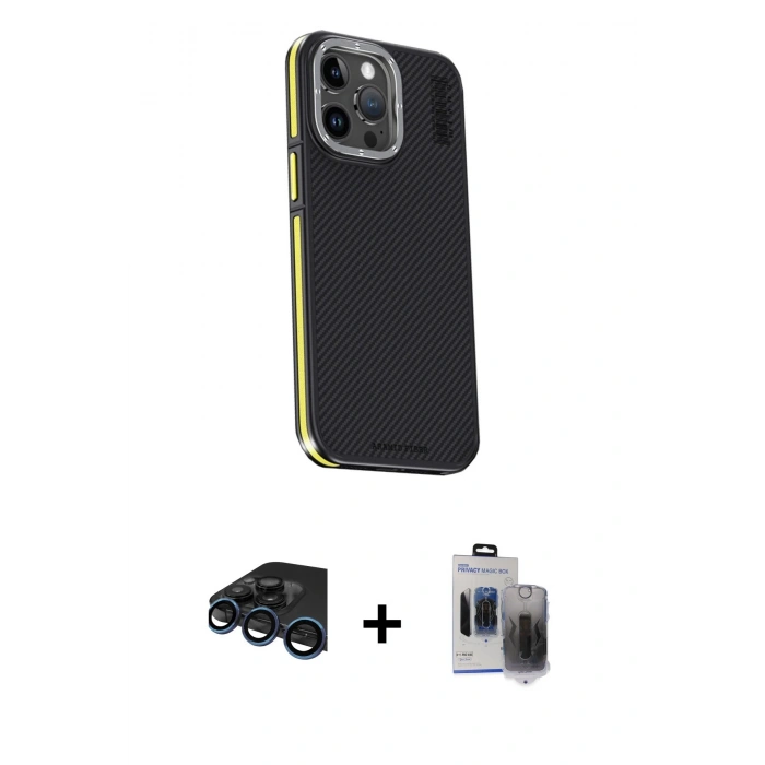 MARSİLYAN™- iPhone 15 Pro Max Kılıf Kıvılcım Modern Özel Seri - Siyah Vanessa Magic Hayalet Cam + Raze Metal Kamera Lens - LT