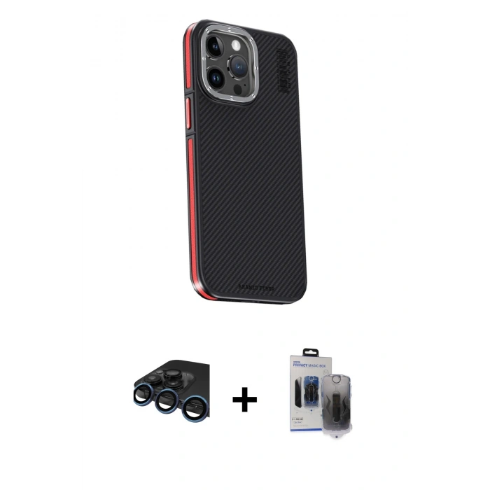 MARSİLYAN™- iPhone 15 Pro Max Kılıf Kıvılcım Modern Özel Seri - Siyah Vanessa Magic Hayalet Cam + Raze Metal Kamera Lens - LT