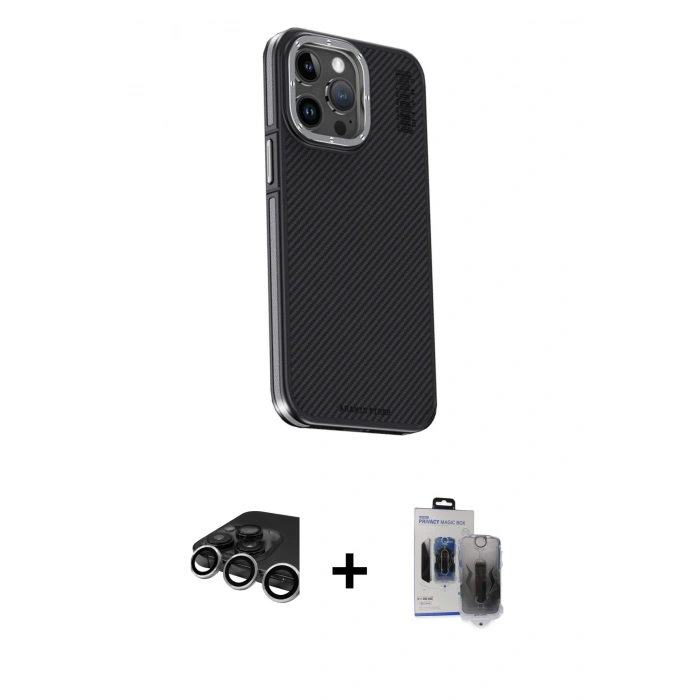 MARSİLYAN™- iPhone 15 Pro Max Kılıf Kıvılcım Modern Özel Seri - Siyah Vanessa Magic Hayalet Cam + Raze Metal Kamera Lens - GS