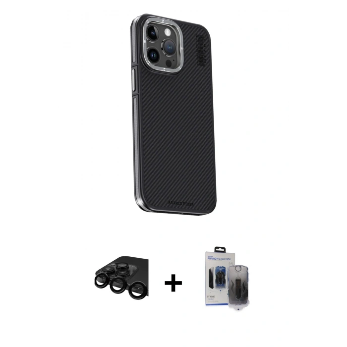 MARSİLYAN™- iPhone 15 Pro Max Kılıf Kıvılcım Modern Özel Seri - Siyah Vanessa Magic Hayalet Cam + Raze Metal Kamera Lens - SH