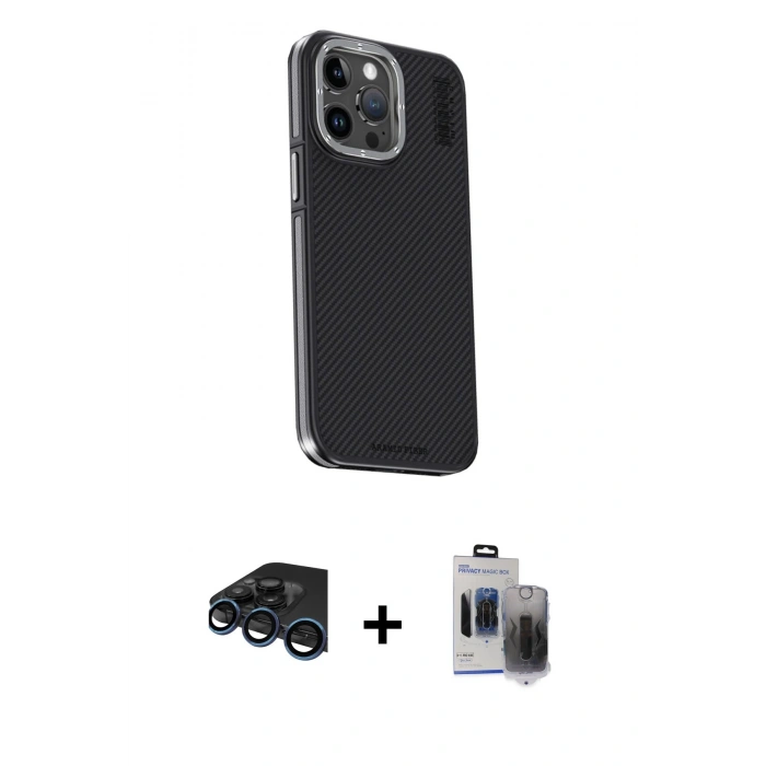 MARSİLYAN™- iPhone 15 Pro Max Kılıf Kıvılcım Modern Özel Seri - Siyah Vanessa Magic Hayalet Cam + Raze Metal Kamera Lens - LT