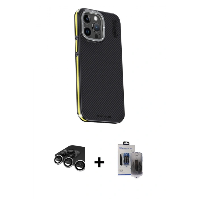 MARSİLYAN™- iPhone 15 Pro Max Kılıf Kıvılcım Modern Özel Seri - Siyah Vanessa Magic Hayalet Cam + Raze Metal Kamera Lens - GS