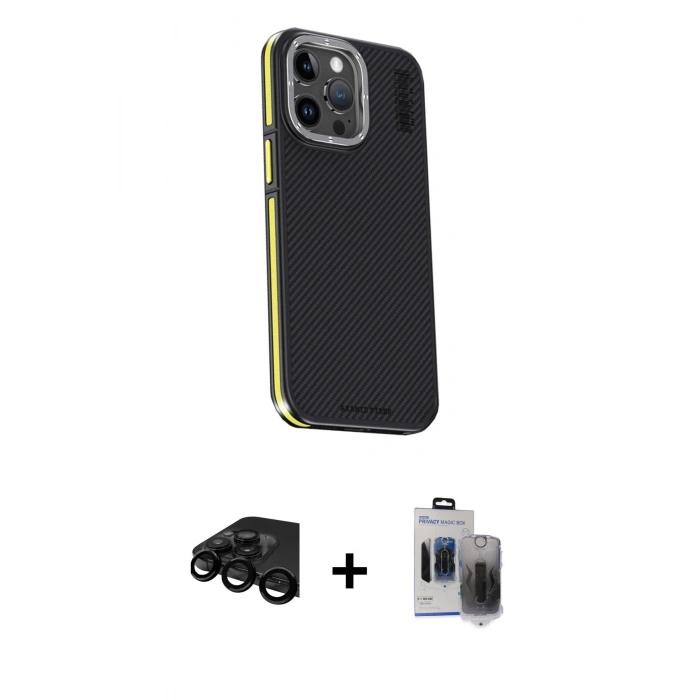MARSİLYAN™- iPhone 15 Pro Max Kılıf Kıvılcım Modern Özel Seri - Siyah Vanessa Magic Hayalet Cam + Raze Metal Kamera Lens - SH