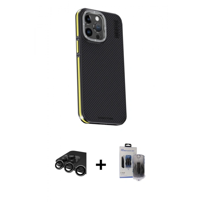 MARSİLYAN™- iPhone 15 Pro Max Kılıf Kıvılcım Modern Özel Seri - Siyah Vanessa Magic Hayalet Cam + Raze Metal Kamera Lens - TMGI