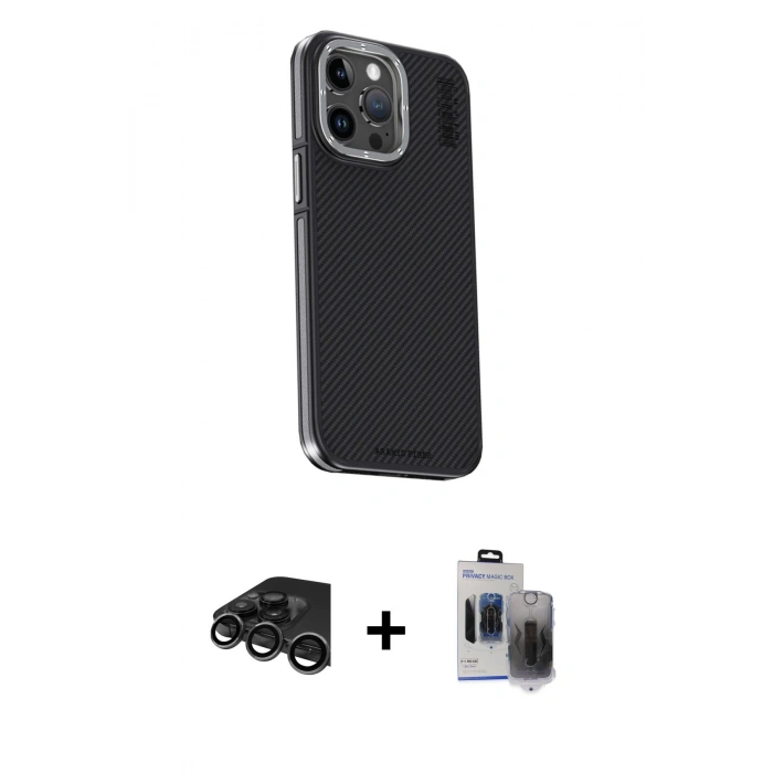 MARSİLYAN™- iPhone 15 Pro Max Kılıf Kıvılcım Modern Özel Seri - Siyah Vanessa Magic Hayalet Cam + Raze Metal Kamera Lens - TMGI