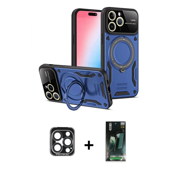 MARSİLYAN™- iPhone 15 Pro Max Kılıf Kıvılcım Modern Serisi - Siyah 360 Mat Full Body Arka Koruyucu + PVD Metal Kamera Lens - LT