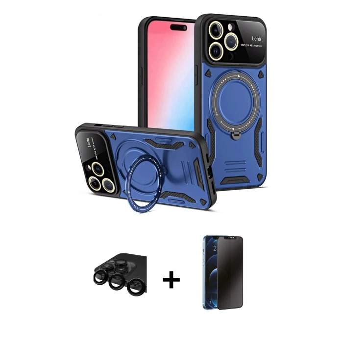 MARSİLYAN™- iPhone 15 Pro Max Kılıf Kıvılcım Modern Serisi - Siyah 3D Antistatik Hayalet Cam Ekran Koruyucu + Raze Metal Kamera Lens - SH