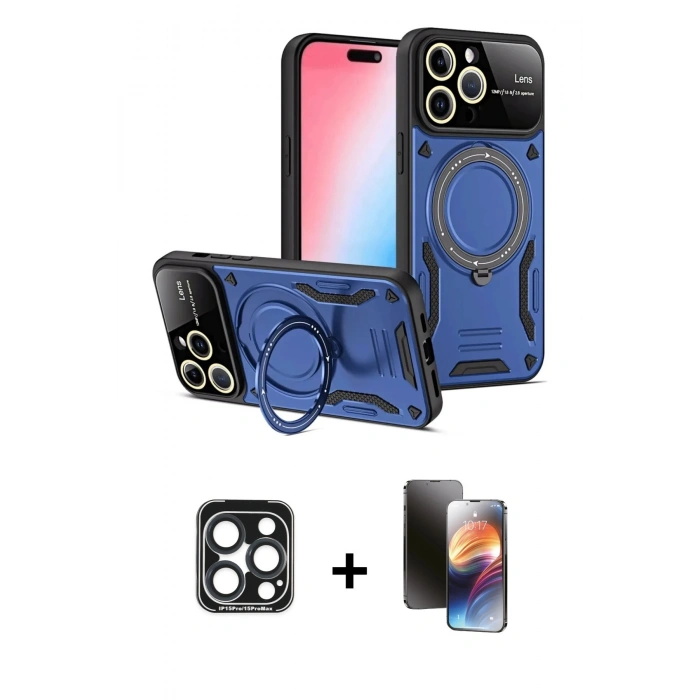 MARSİLYAN™- iPhone 15 Pro Max Kılıf Kıvılcım Modern Serisi - Siyah 3D Antistatik Mat Seramik Nano Ekran Koruyucu + PVD Metal Kamera Lens - LT