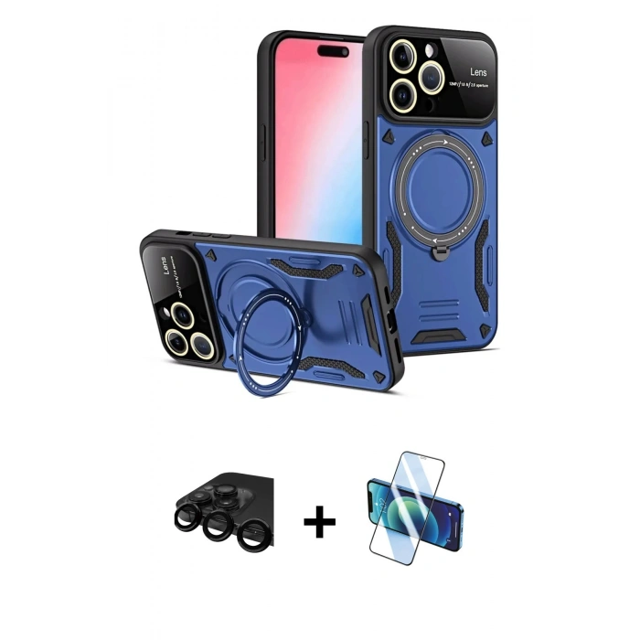 MARSİLYAN™- iPhone 15 Pro Max Kılıf Kıvılcım Modern Serisi - Siyah 3D Antistatik Seramik Nano Ekran Koruyucu + Raze Metal Kamera Lens - SH