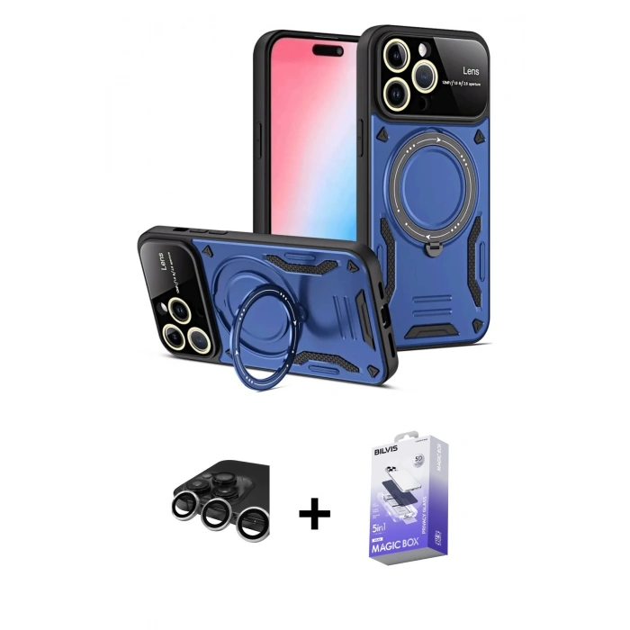 MARSİLYAN™- iPhone 15 Pro Max Kılıf Kıvılcım Modern Serisi - Siyah Bilvis 5in1 5D Magic Hayalet Cam Ekran Koruyucu + Gümüş Raze Metal Kamera Lens