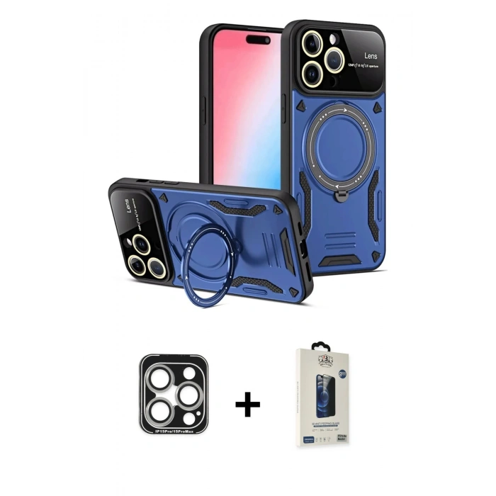 MARSİLYAN™- iPhone 15 Pro Max Kılıf Kıvılcım Modern Serisi - Siyah Bilvis Hayalet Cam Ekran Koruyucu + PVD Metal Kamera Lens - GS