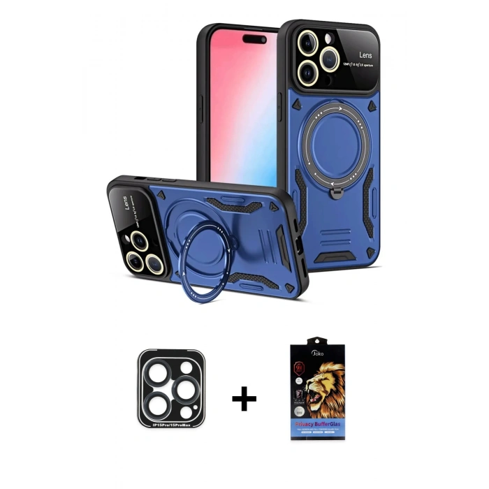 MARSİLYAN™- iPhone 15 Pro Max Kılıf Kıvılcım Modern Serisi - Siyah Buffer Hayalet Cam Ekran Koruyucu + PVD Metal Kamera Lens - LT