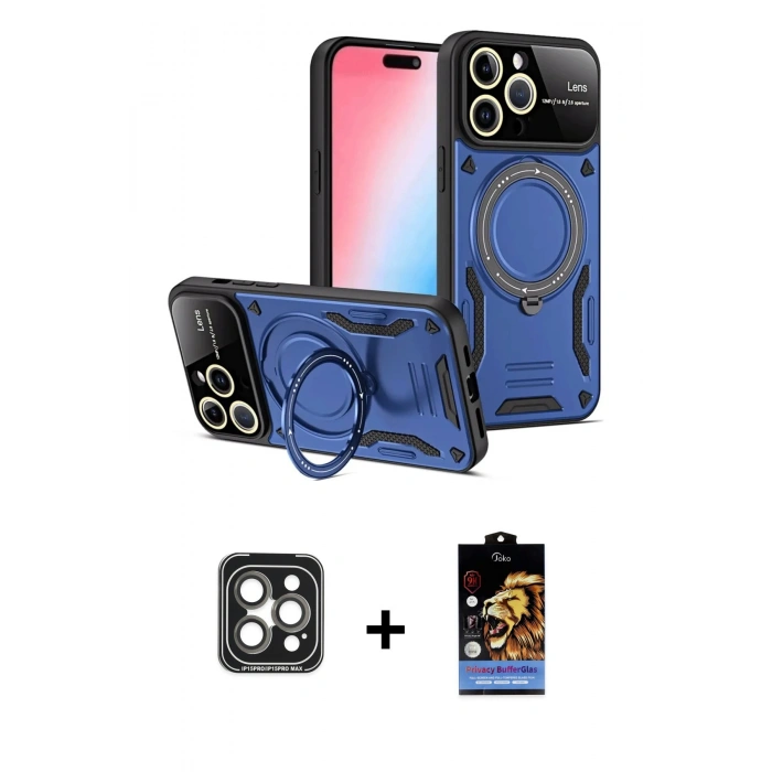 MARSİLYAN™- iPhone 15 Pro Max Kılıf Kıvılcım Modern Serisi - Siyah Buffer Hayalet Cam Ekran Koruyucu + PVD Metal Kamera Lens - GI