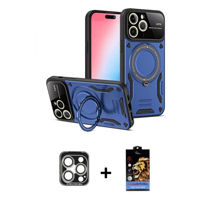 MARSİLYAN™- iPhone 15 Pro Max Kılıf Kıvılcım Modern Serisi - Siyah Buffer Hayalet Cam Ekran Koruyucu + PVD Metal Kamera Lens - GS