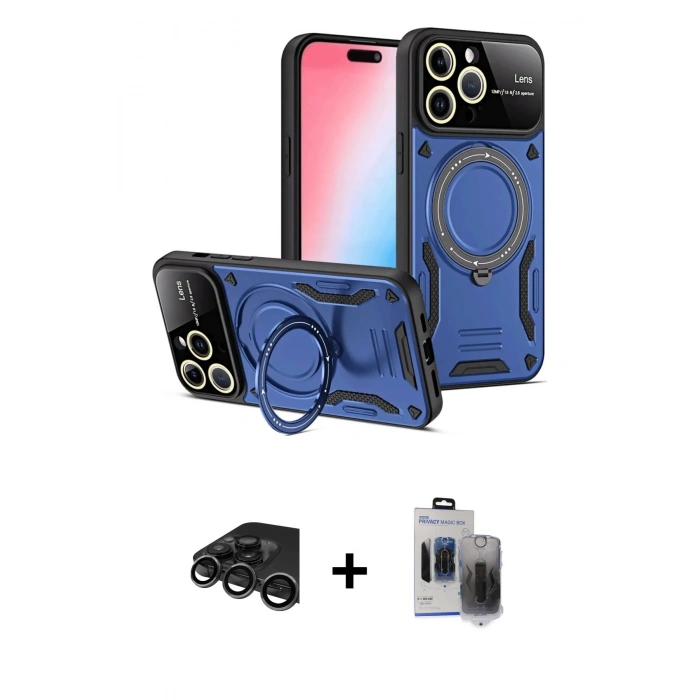 MARSİLYAN™- iPhone 15 Pro Max Kılıf Kıvılcım Modern Serisi - Siyah Vanessa Magic Hayalet Cam + Raze Metal Kamera Lens - TMGI