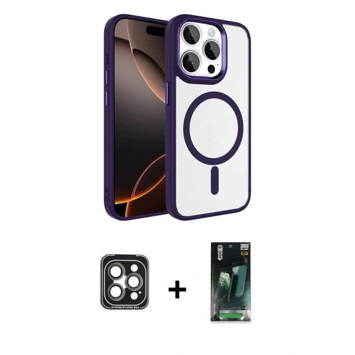 MARSİLYAN™- iPhone 15 Pro Max Kılıf Kıvılcım Prime - Şeffaf 360 Full Body Arka Koruyucu + PVD Metal Kamera Lens - GI