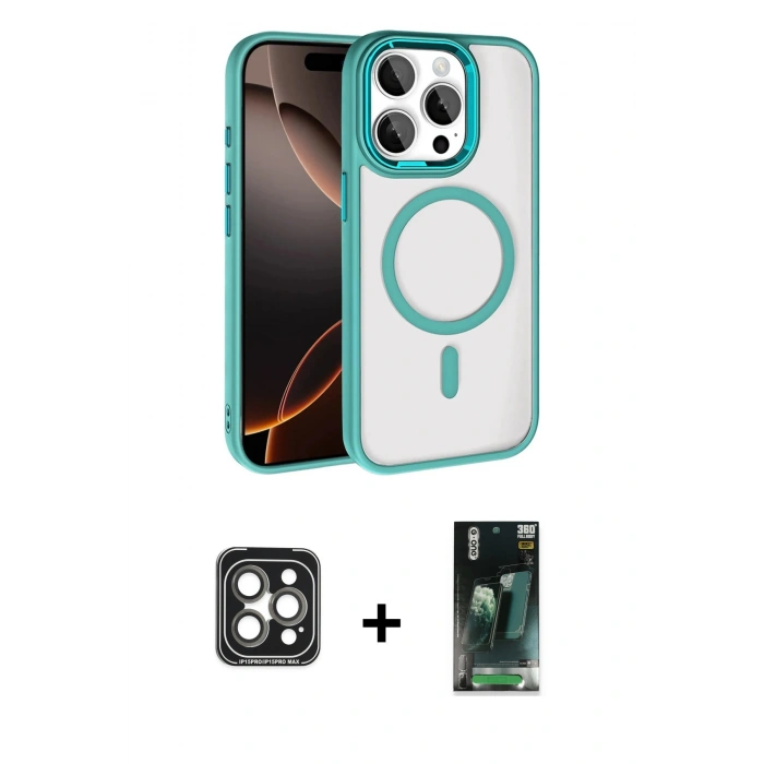 MARSİLYAN™- iPhone 15 Pro Max Kılıf Kıvılcım Prime - Şeffaf 360 Full Body Arka Koruyucu + PVD Metal Kamera Lens - GI