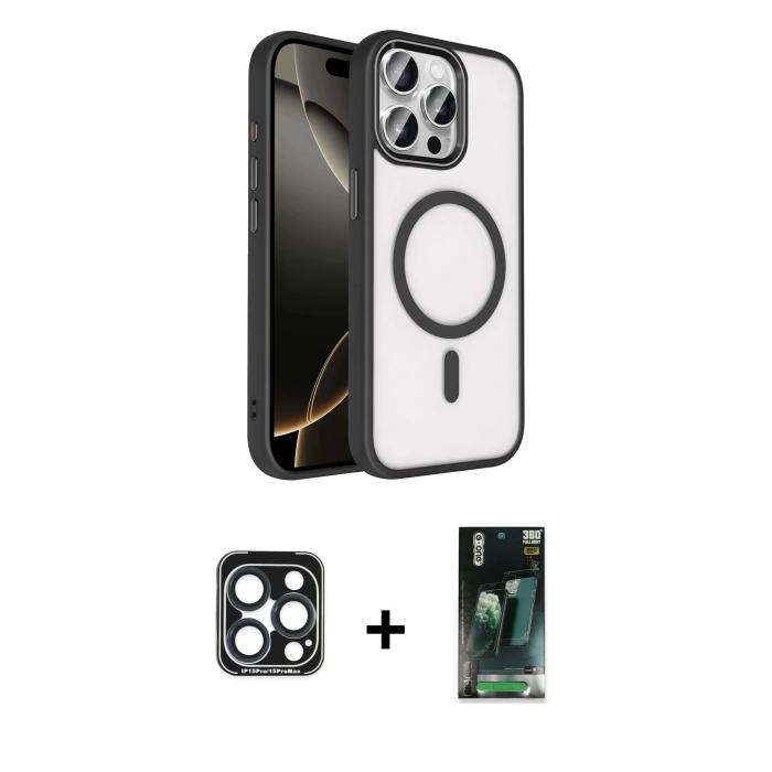MARSİLYAN™- iPhone 15 Pro Max Kılıf Kıvılcım Prime - Şeffaf 360 Full Body Arka Koruyucu + PVD Metal Kamera Lens - LT