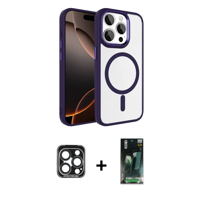 MARSİLYAN™- iPhone 15 Pro Max Kılıf Kıvılcım Prime - Şeffaf 360 Full Body Arka Koruyucu + PVD Metal Kamera Lens - LT