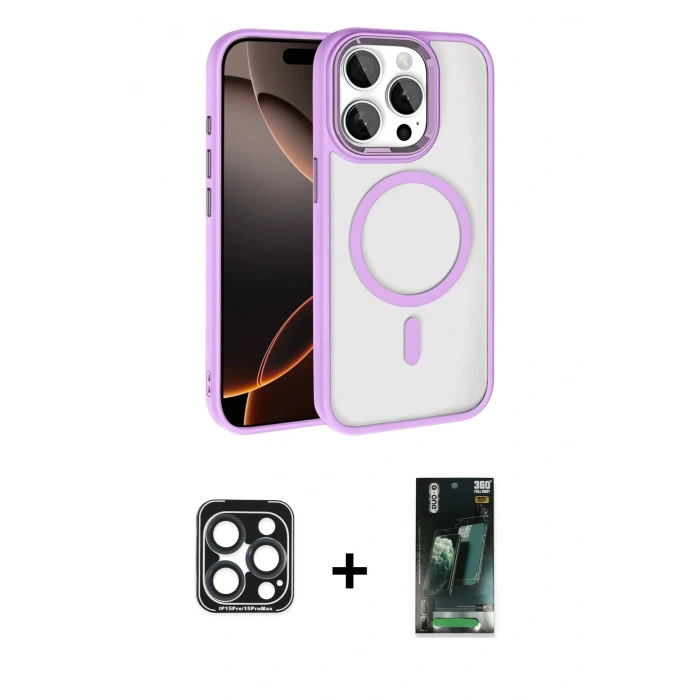 MARSİLYAN™- iPhone 15 Pro Max Kılıf Kıvılcım Prime - Şeffaf 360 Full Body Arka Koruyucu + PVD Metal Kamera Lens - LT