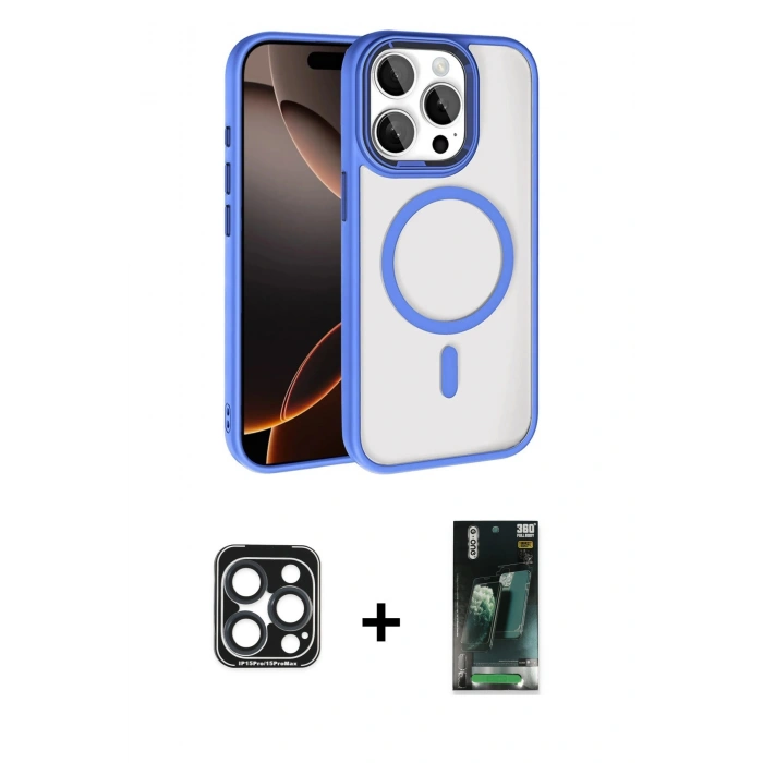 MARSİLYAN™- iPhone 15 Pro Max Kılıf Kıvılcım Prime - Şeffaf 360 Full Body Arka Koruyucu + PVD Metal Kamera Lens - LT