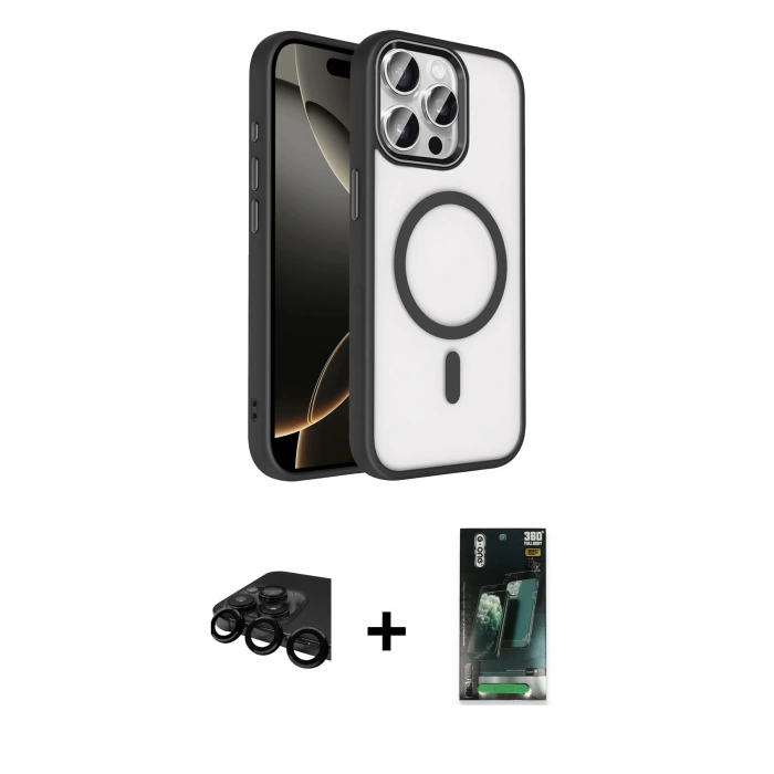 MARSİLYAN™- iPhone 15 Pro Max Kılıf Kıvılcım Prime - Şeffaf 360 Full Body Arka Koruyucu + Raze Metal Kamera Lens - SH
