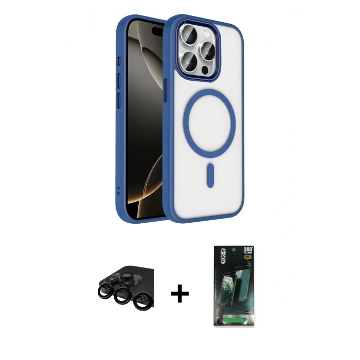 MARSİLYAN™- iPhone 15 Pro Max Kılıf Kıvılcım Prime - Şeffaf 360 Full Body Arka Koruyucu + Raze Metal Kamera Lens - SH