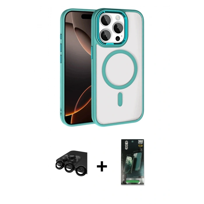 MARSİLYAN™- iPhone 15 Pro Max Kılıf Kıvılcım Prime - Şeffaf 360 Full Body Arka Koruyucu + Raze Metal Kamera Lens - SH