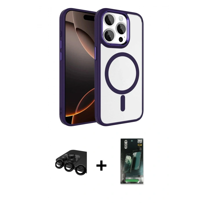 MARSİLYAN™- iPhone 15 Pro Max Kılıf Kıvılcım Prime - Şeffaf 360 Full Body Arka Koruyucu + Raze Metal Kamera Lens - SH