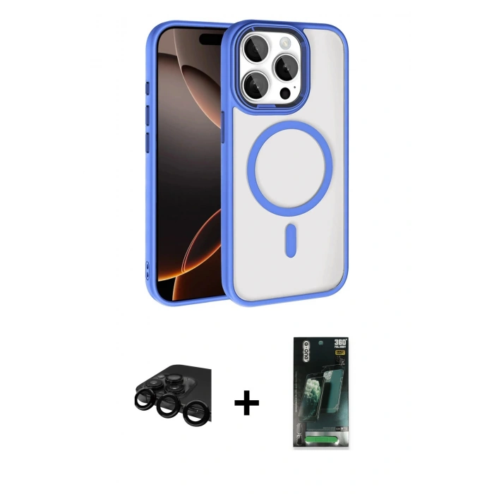 MARSİLYAN™- iPhone 15 Pro Max Kılıf Kıvılcım Prime - Şeffaf 360 Full Body Arka Koruyucu + Raze Metal Kamera Lens - SH