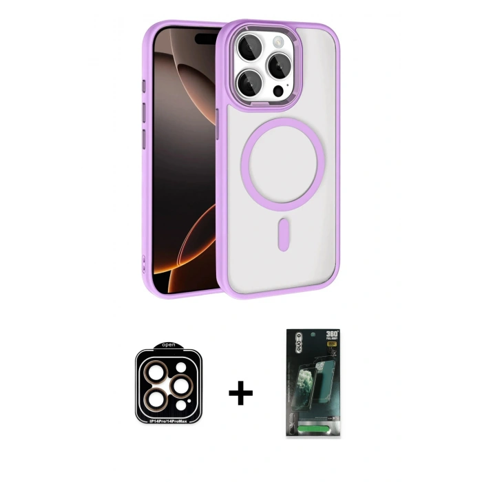 MARSİLYAN™- iPhone 15 Pro Max Kılıf Kıvılcım Prime - Şeffaf 360 Full Body Arka Koruyucu + Turuncu PVD Metal Kamera Lens