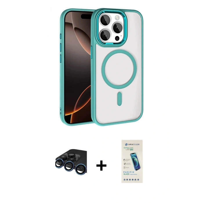 MARSİLYAN™- iPhone 15 Pro Max Kılıf Kıvılcım Prime - Şeffaf Pasifik Cam Ekran Koruyucu + Lacivert Raze Metal Kamera Lens