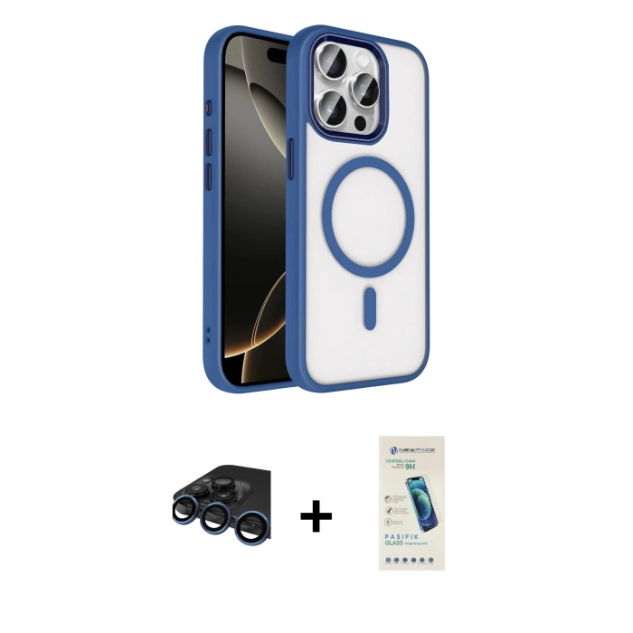 MARSİLYAN™- iPhone 15 Pro Max Kılıf Kıvılcım Prime - Şeffaf Pasifik Cam Ekran Koruyucu + Lacivert Raze Metal Kamera Lens