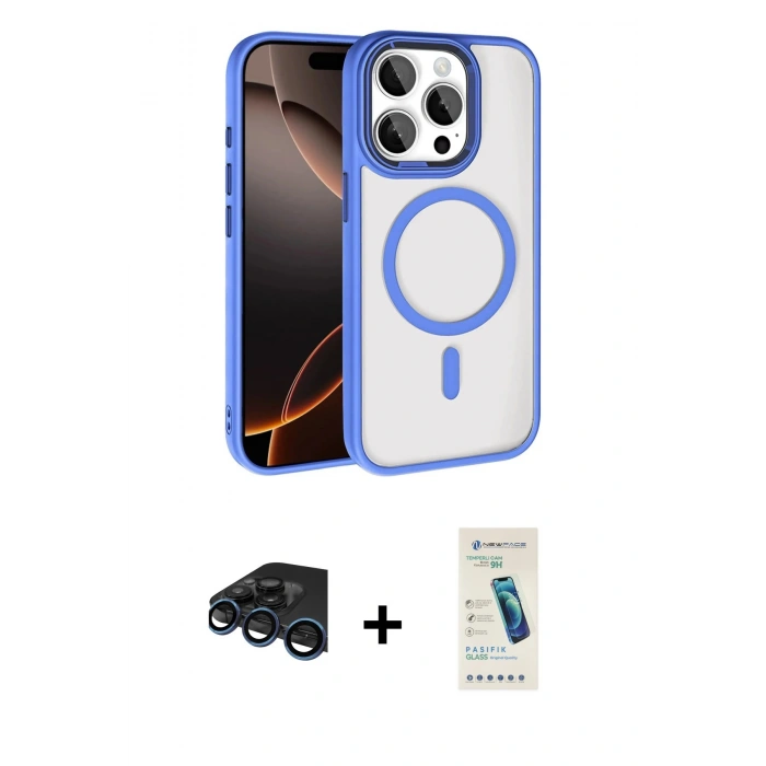 MARSİLYAN™- iPhone 15 Pro Max Kılıf Kıvılcım Prime - Şeffaf Pasifik Cam Ekran Koruyucu + Lacivert Raze Metal Kamera Lens