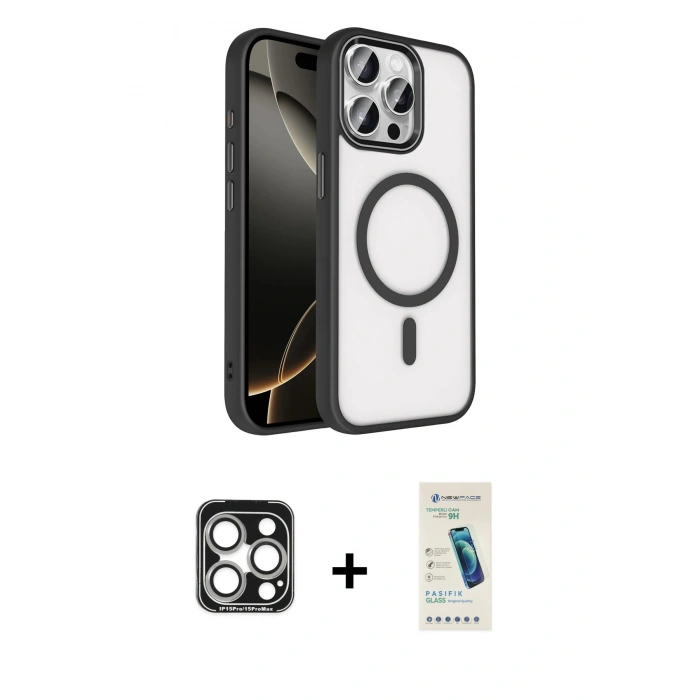 MARSİLYAN™- iPhone 15 Pro Max Kılıf Kıvılcım Prime - Şeffaf Pasifik Cam Ekran Koruyucu + PVD Metal Kamera Lens - GS