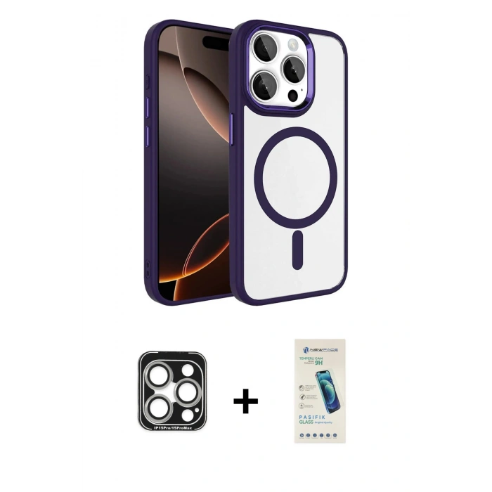 MARSİLYAN™- iPhone 15 Pro Max Kılıf Kıvılcım Prime - Şeffaf Pasifik Cam Ekran Koruyucu + PVD Metal Kamera Lens - GS