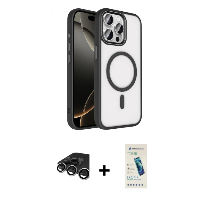MARSİLYAN™- iPhone 15 Pro Max Kılıf Kıvılcım Prime - Şeffaf Pasifik Cam Ekran Koruyucu + Raze Metal Kamera Lens - GS