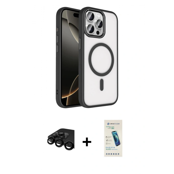 MARSİLYAN™- iPhone 15 Pro Max Kılıf Kıvılcım Prime - Şeffaf Pasifik Cam Ekran Koruyucu + Raze Metal Kamera Lens - SH