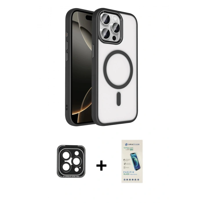 MARSİLYAN™- iPhone 15 Pro Max Kılıf Kıvılcım Prime - Şeffaf Pasifik Cam Ekran Koruyucu + PVD Metal Kamera Lens - SH