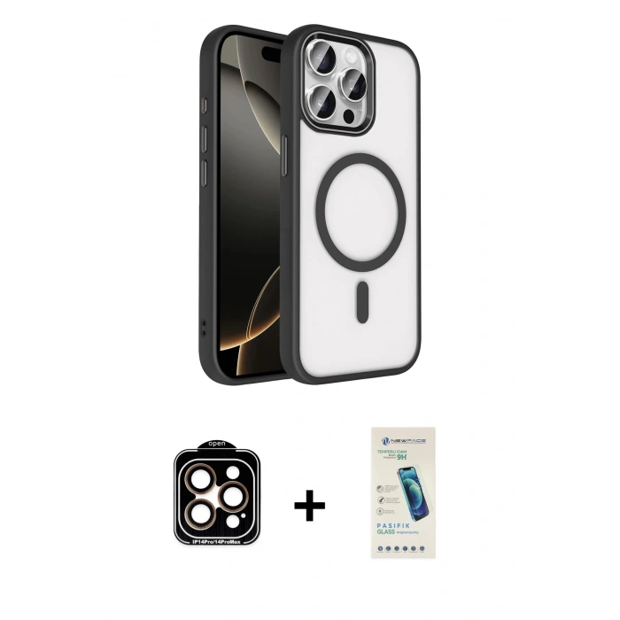 MARSİLYAN™- iPhone 15 Pro Max Kılıf Kıvılcım Prime - Şeffaf Pasifik Cam Ekran Koruyucu + Turuncu PVD Metal Kamera Lens