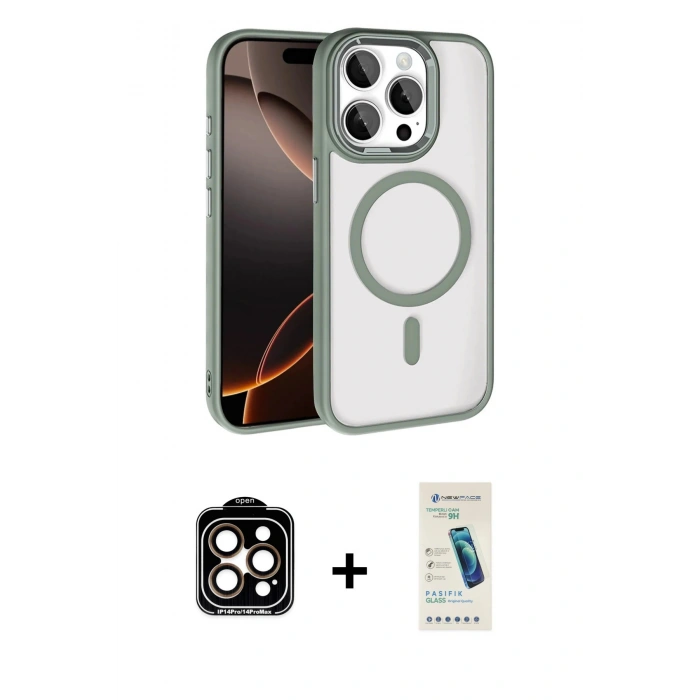 MARSİLYAN™- iPhone 15 Pro Max Kılıf Kıvılcım Prime - Şeffaf Pasifik Cam Ekran Koruyucu + Turuncu PVD Metal Kamera Lens