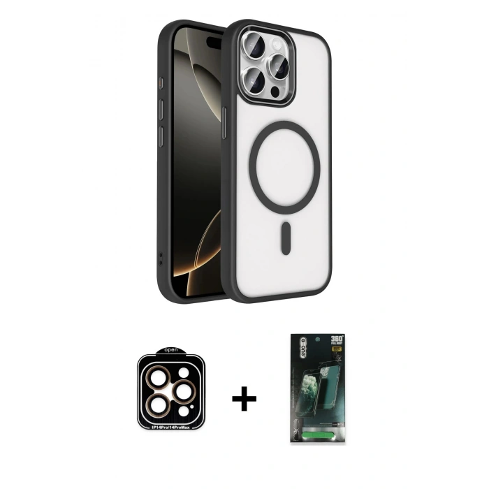 MARSİLYAN™- iPhone 15 Pro Max Kılıf Kıvılcım Prime - Siyah 360 Mat Full Body Arka Koruyucu + PVD Metal Kamera Lens - TU
