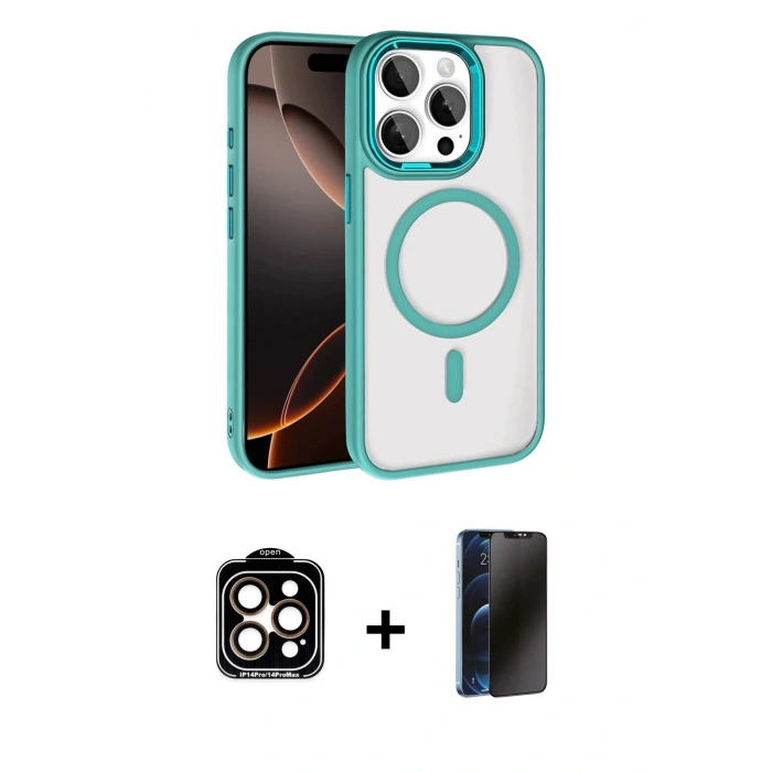 MARSİLYAN™- iPhone 15 Pro Max Kılıf Kıvılcım Prime - Siyah 3D Antistatik Hayalet Cam Ekran Koruyucu + PVD Metal Kamera Lens - TU