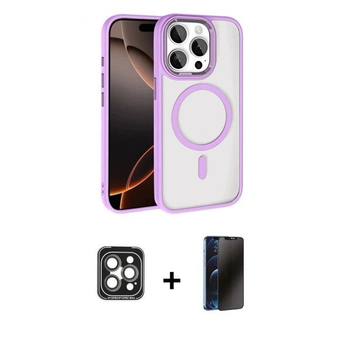 MARSİLYAN™- iPhone 15 Pro Max Kılıf Kıvılcım Prime - Siyah 3D Antistatik Hayalet Cam Ekran Koruyucu + PVD Metal Kamera Lens - GI