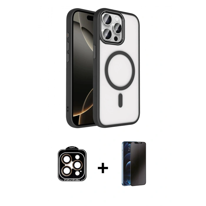 MARSİLYAN™- iPhone 15 Pro Max Kılıf Kıvılcım Prime - Siyah 3D Antistatik Hayalet Cam Ekran Koruyucu + PVD Metal Kamera Lens - TU