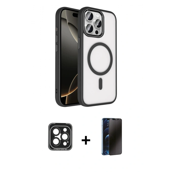 MARSİLYAN™- iPhone 15 Pro Max Kılıf Kıvılcım Prime - Siyah 3D Antistatik Hayalet Cam Ekran Koruyucu + PVD Metal Kamera Lens - SH